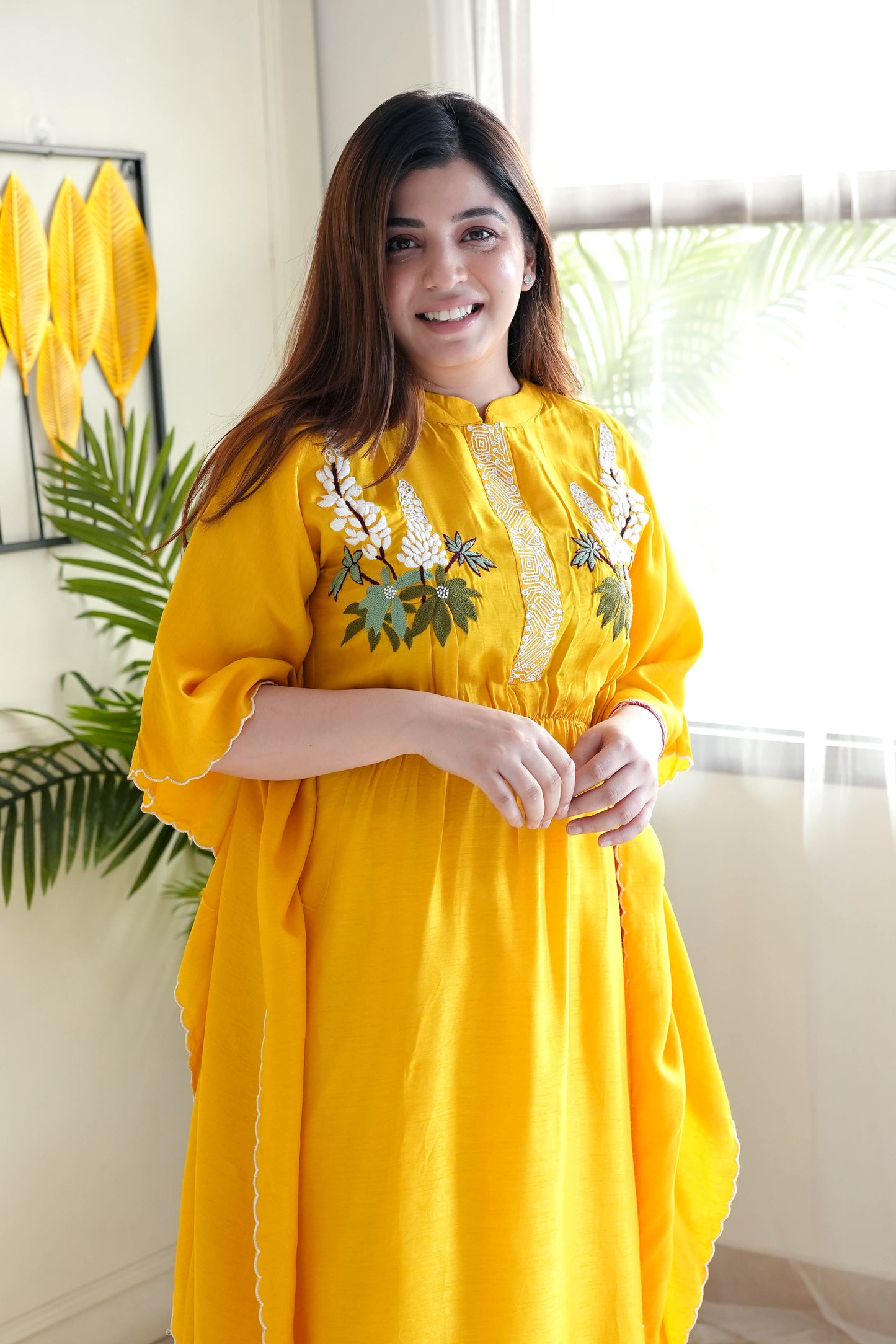 Saba Yellow Hand Embroidered Kaftan Set