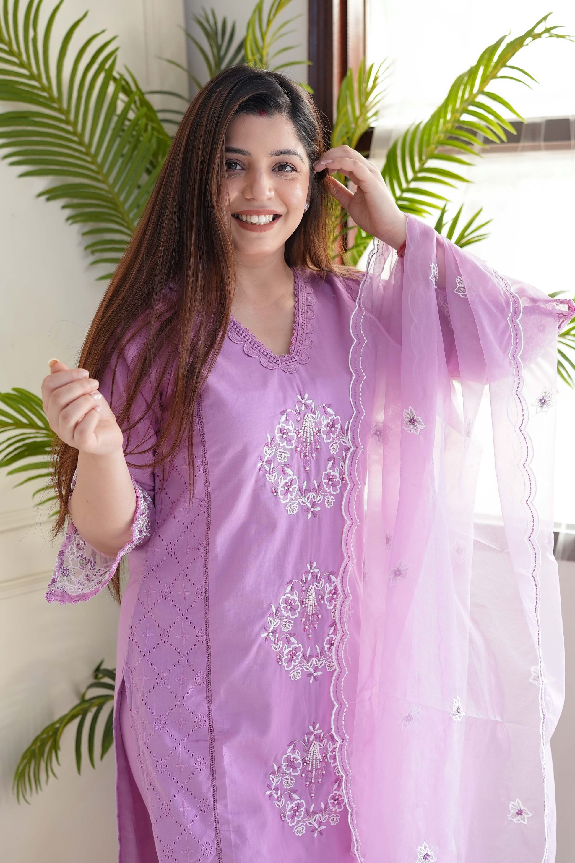 Meera Purple Embroidered Cotton Suit Set