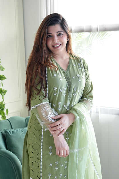 Meera Green Embroidery Cotton Suit Set