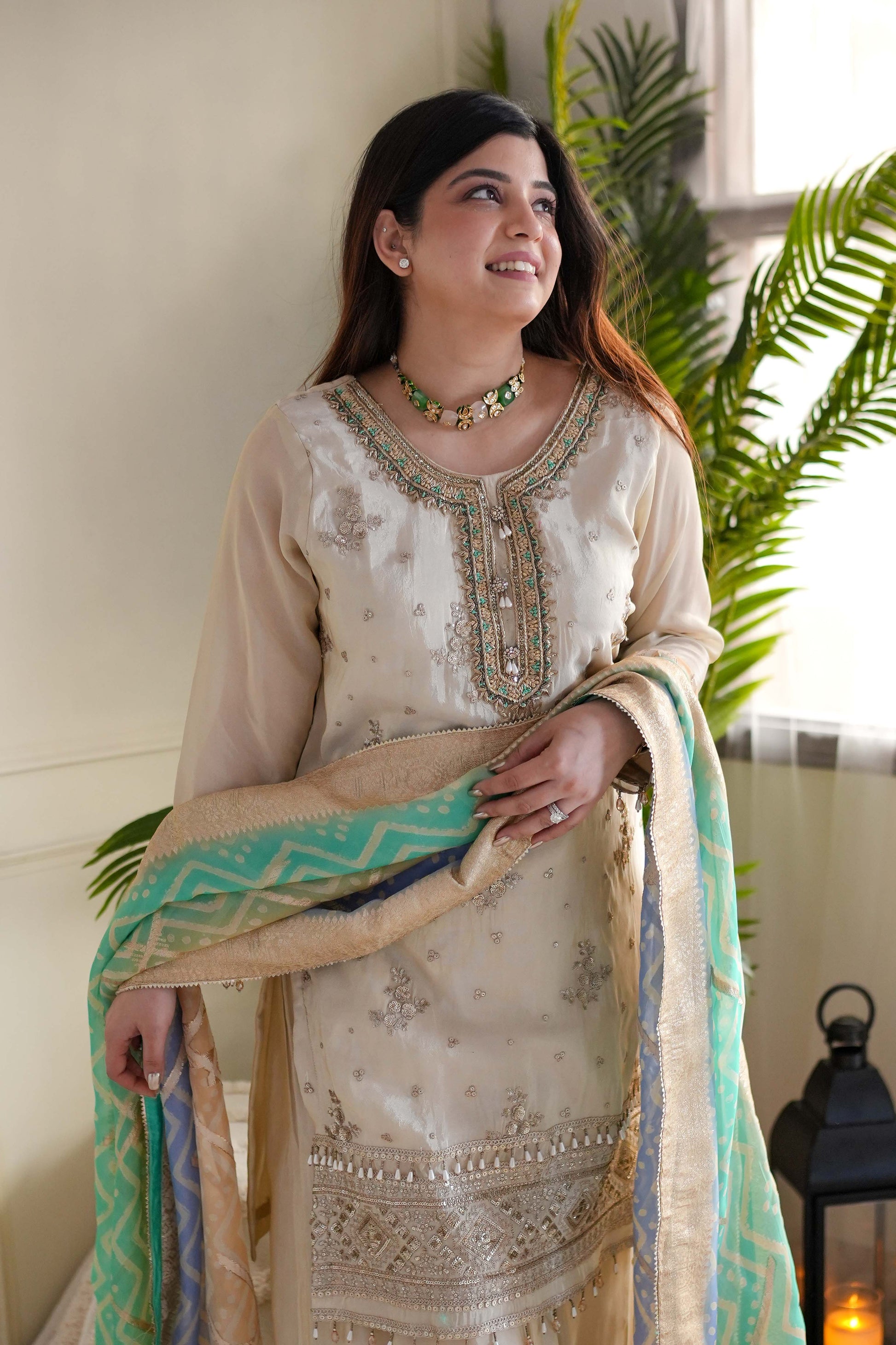 Nimrit Silk Suit Set With Green Badhani Dupatta
