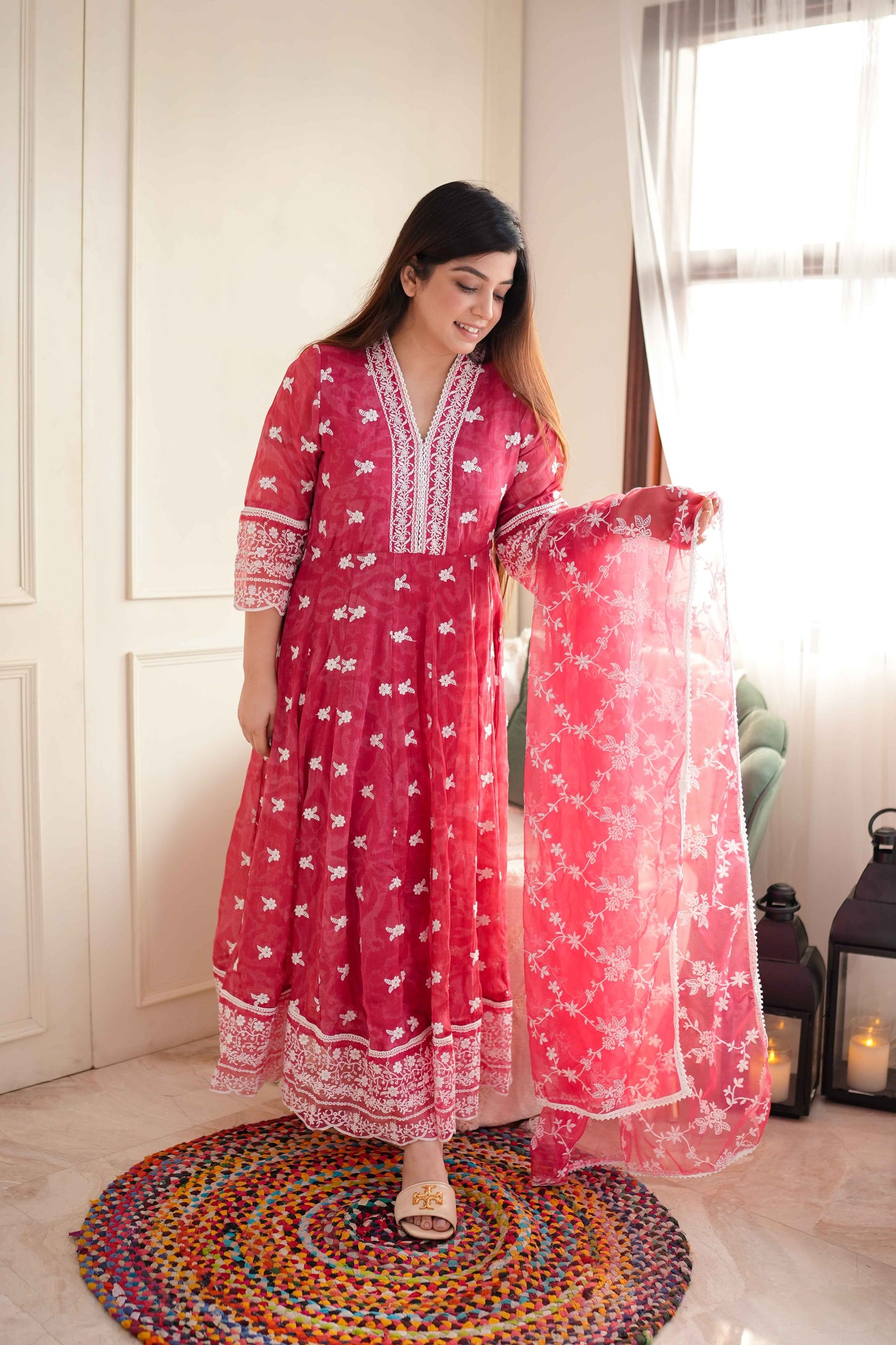 Feroza Pink Schiffli Anarkali Suit Set