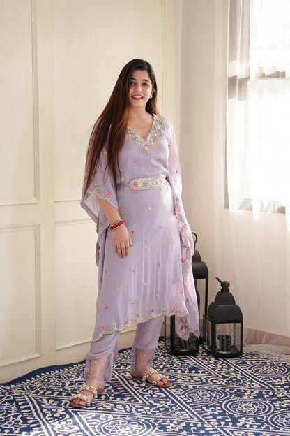 Simar Lavender Embroidered Kaftan Set