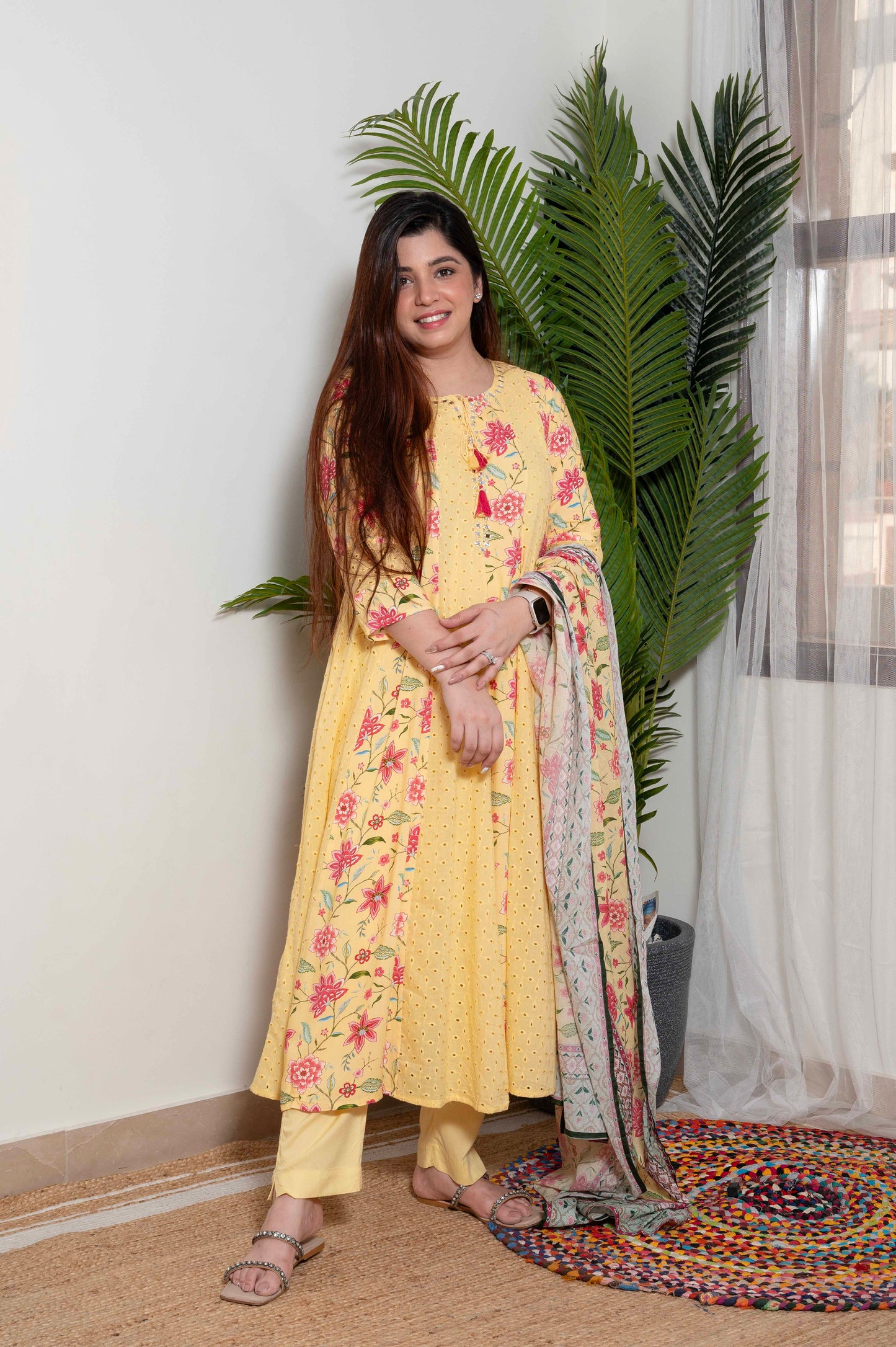 Tamra Yellow Schiffli And Print Detailing Anarkali