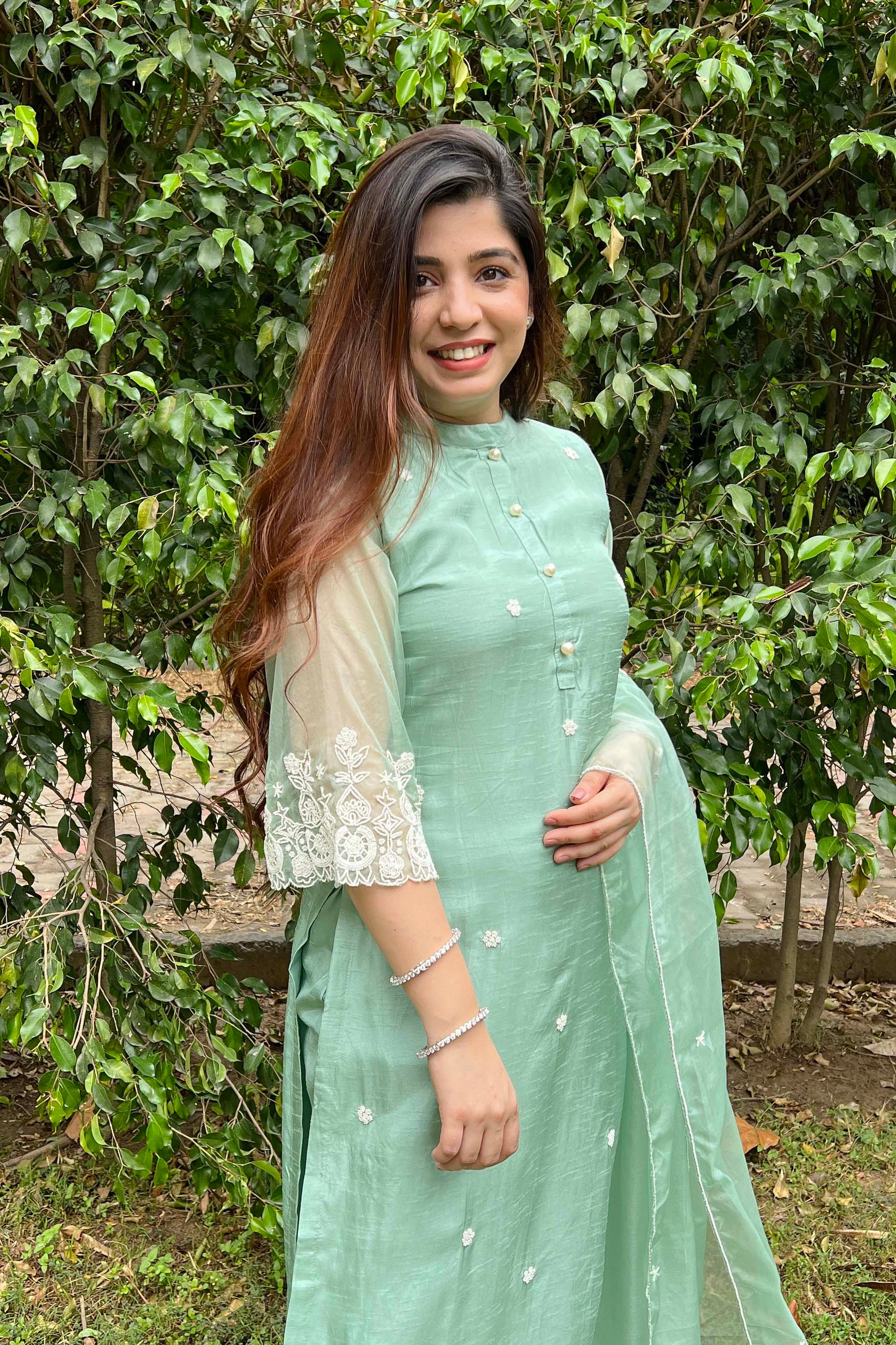 Sara Pastel Green Silk Suit With Beads