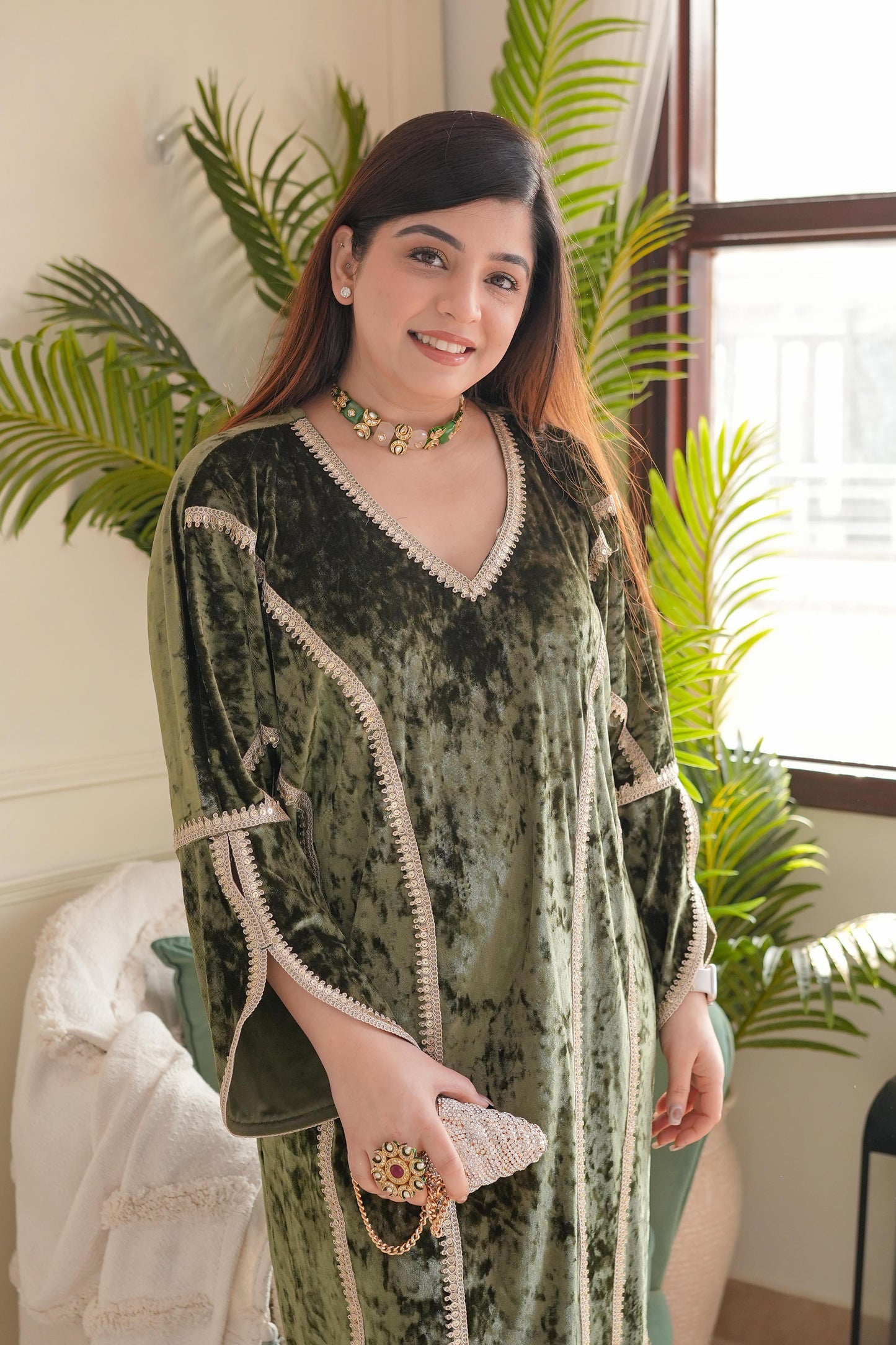 Naira Green Side Slit Velvet Dress