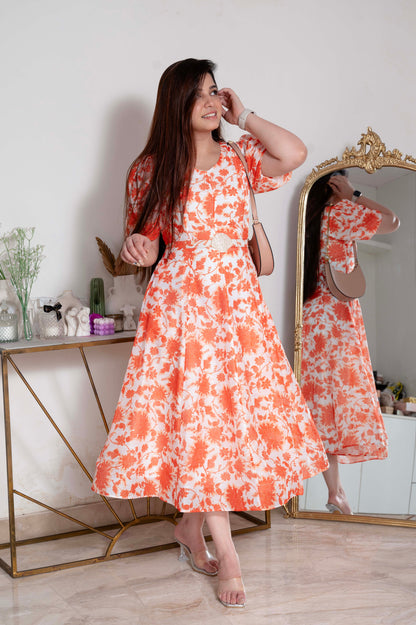 Marie Orange Floral Print Dress