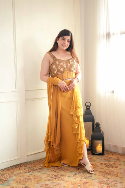 Gazal Mustard Drape Saree Side Slit