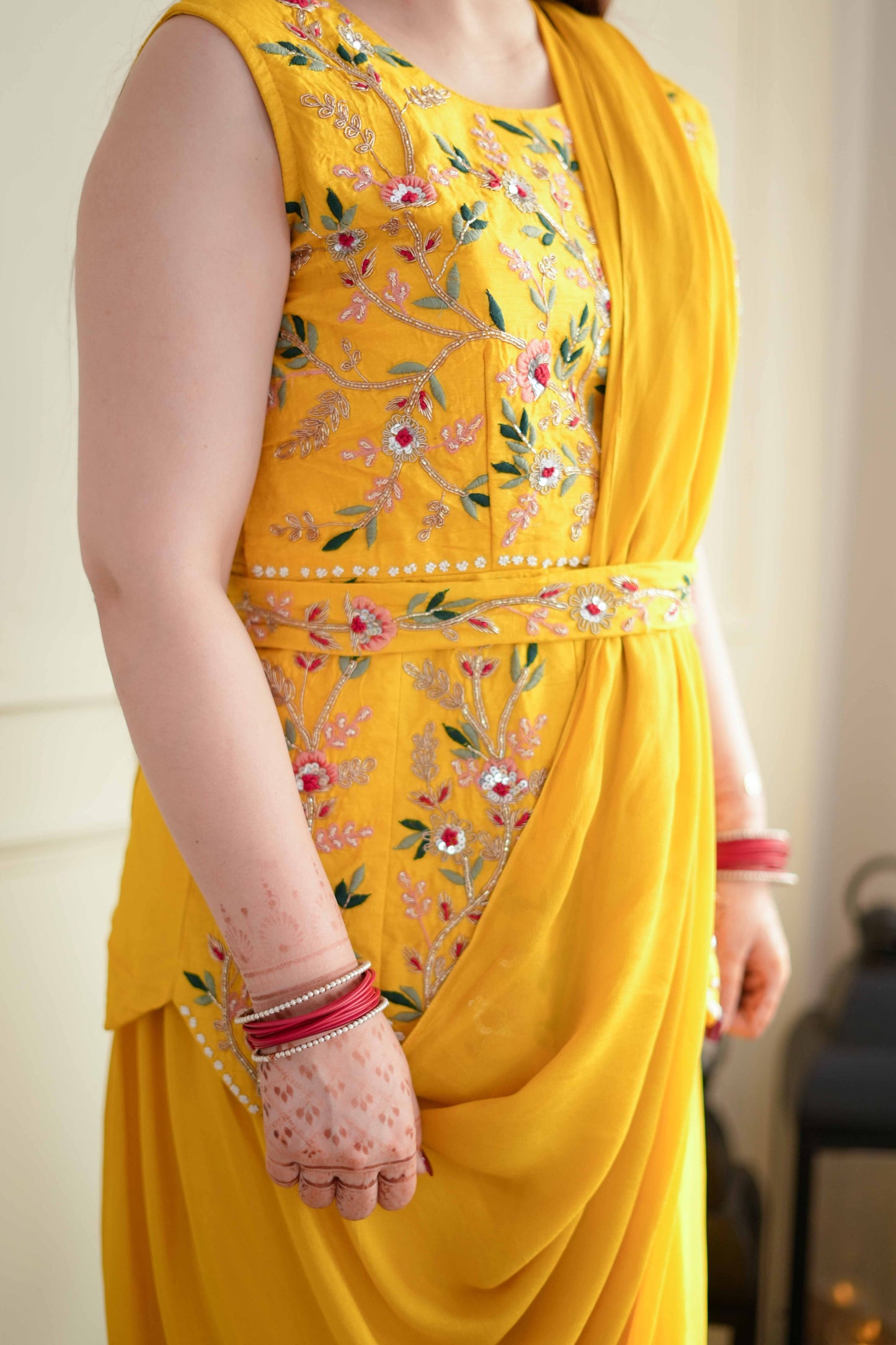 Mukti Yellow Embroidered Drape Saree