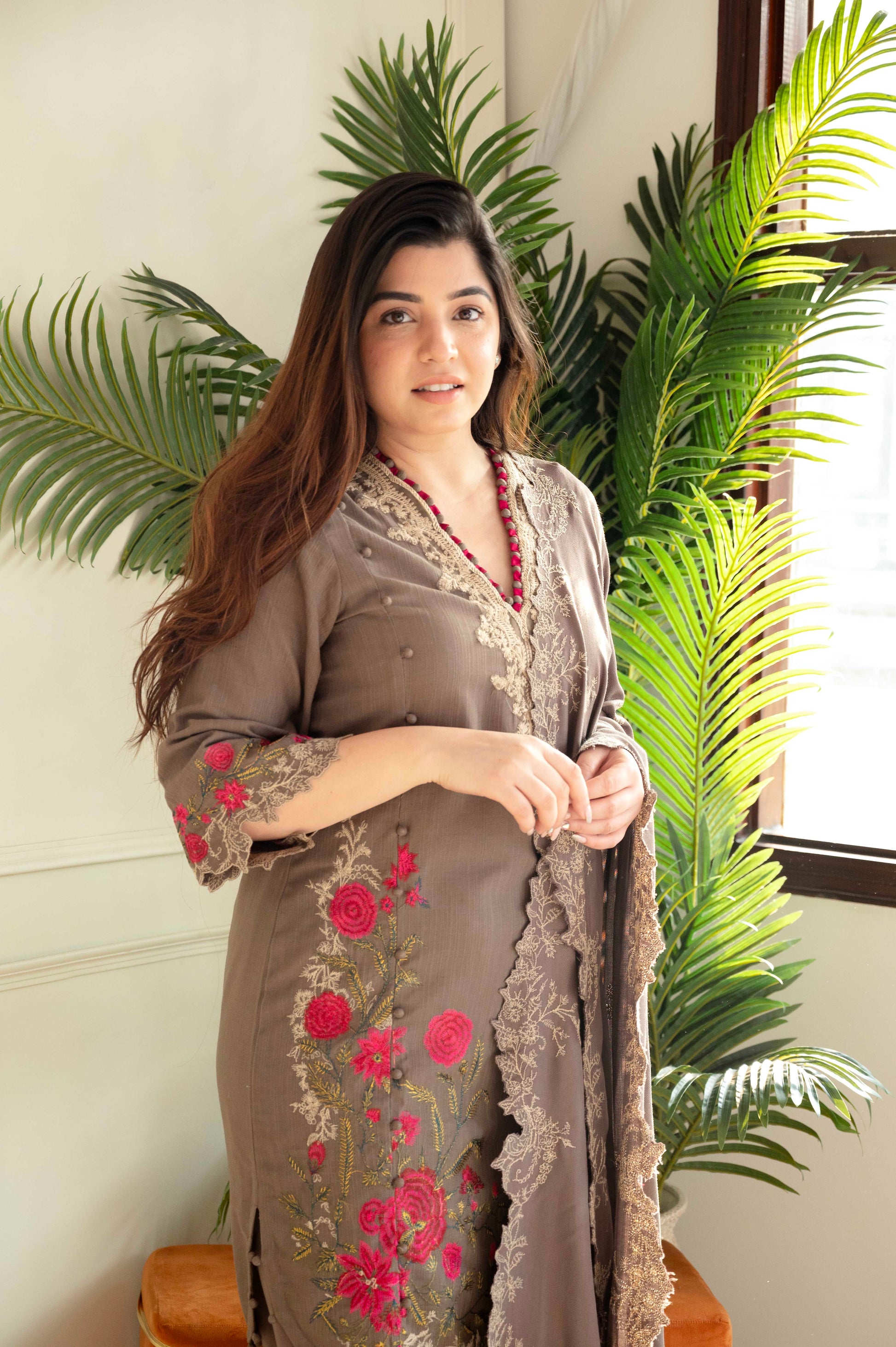 Sana Brown Embroidered Pakistani Linen Suit