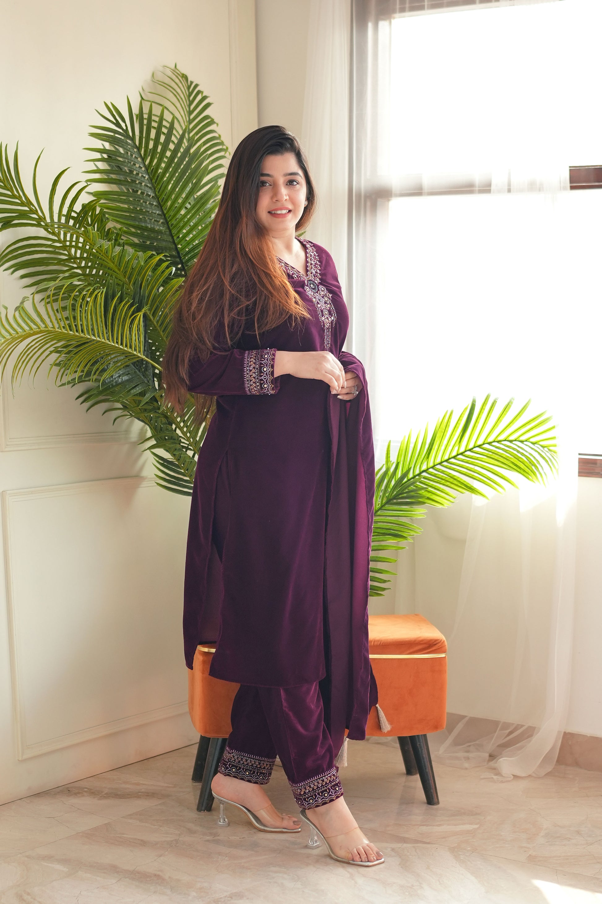 Neemra Wine Velvet Suit Set