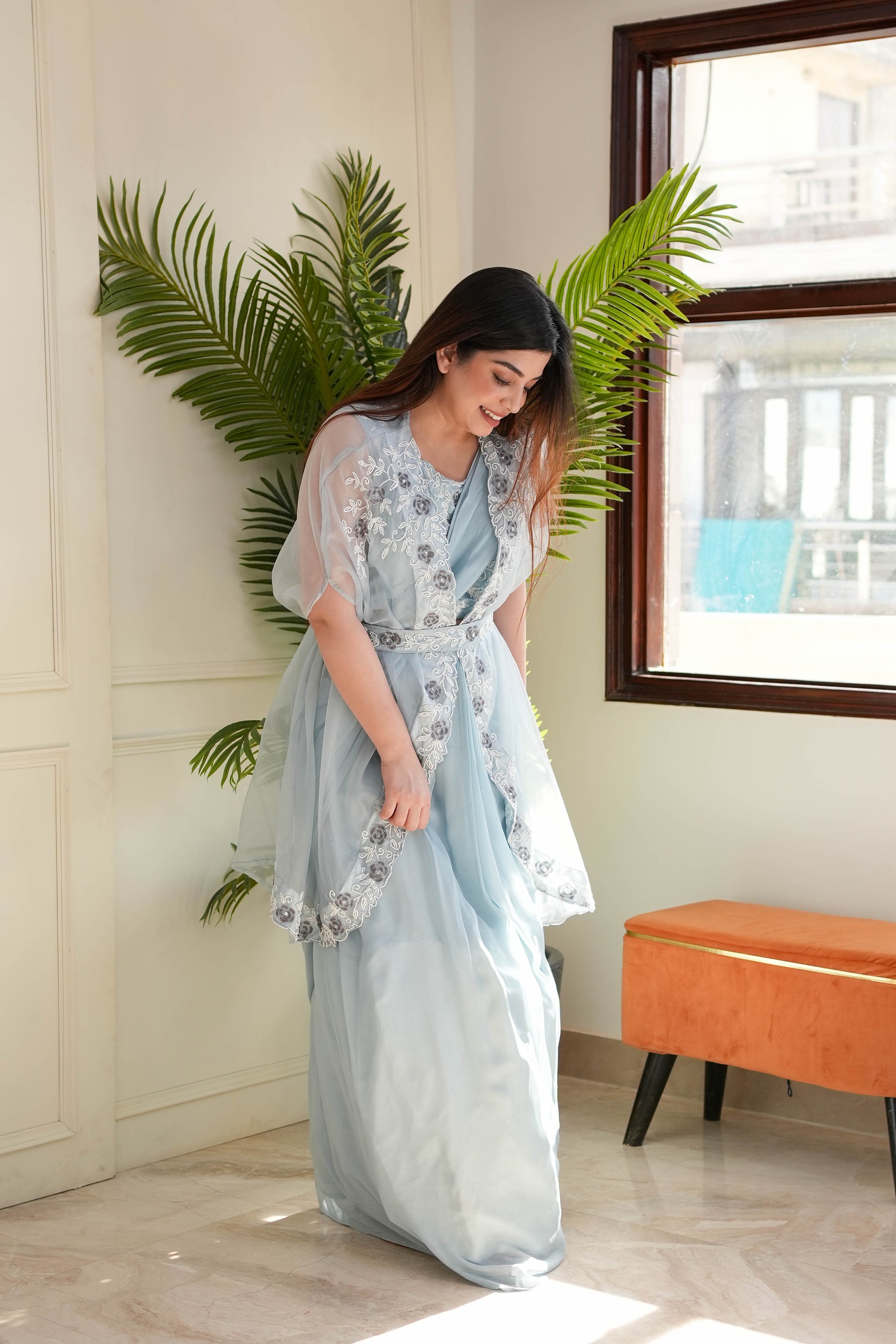 Nyna Blue Drape Saree With Cape And Belt