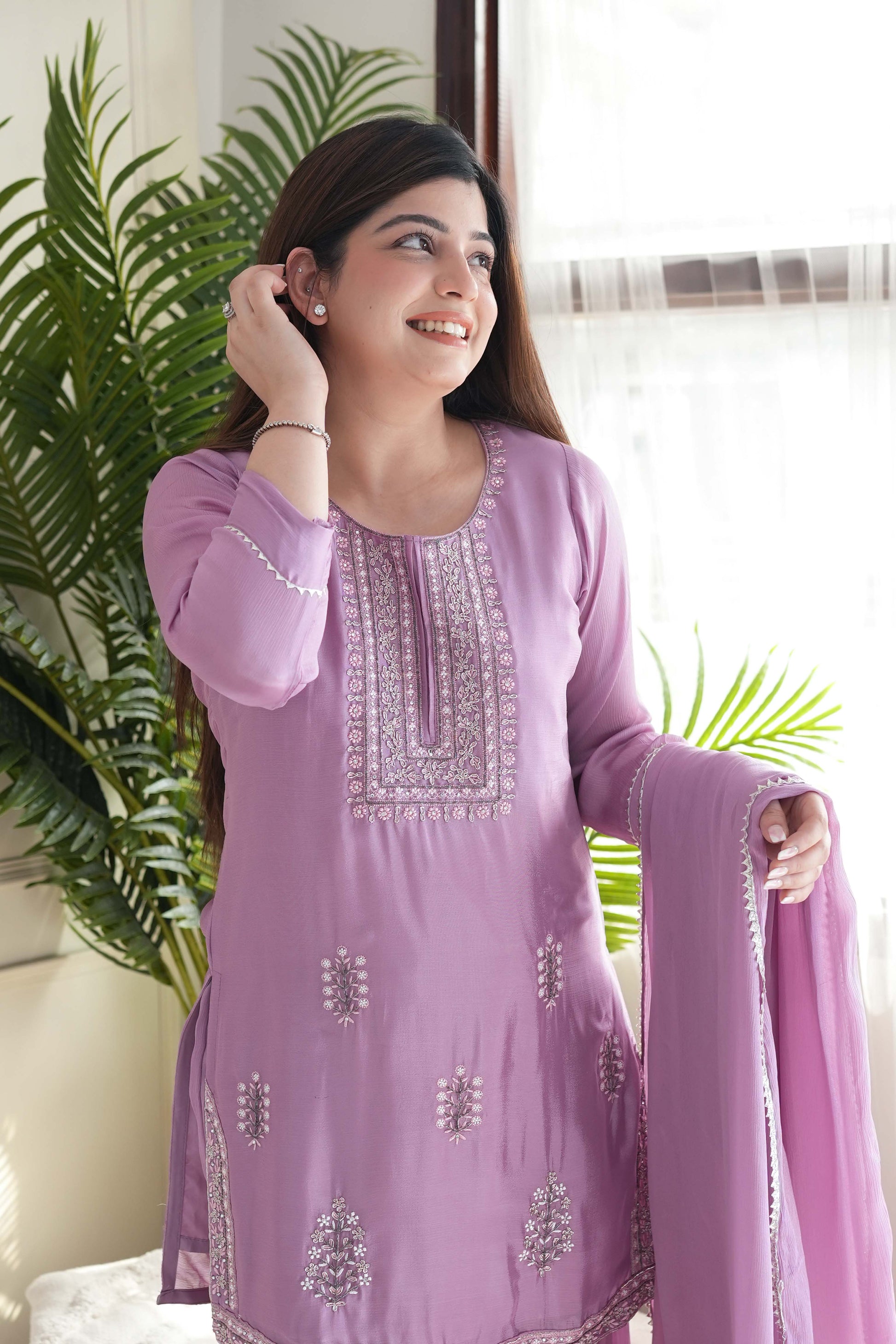 Keerat Lavender Embroidered Silk Suit