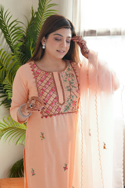 Neeya Peach Hand Embroidered Suit Set