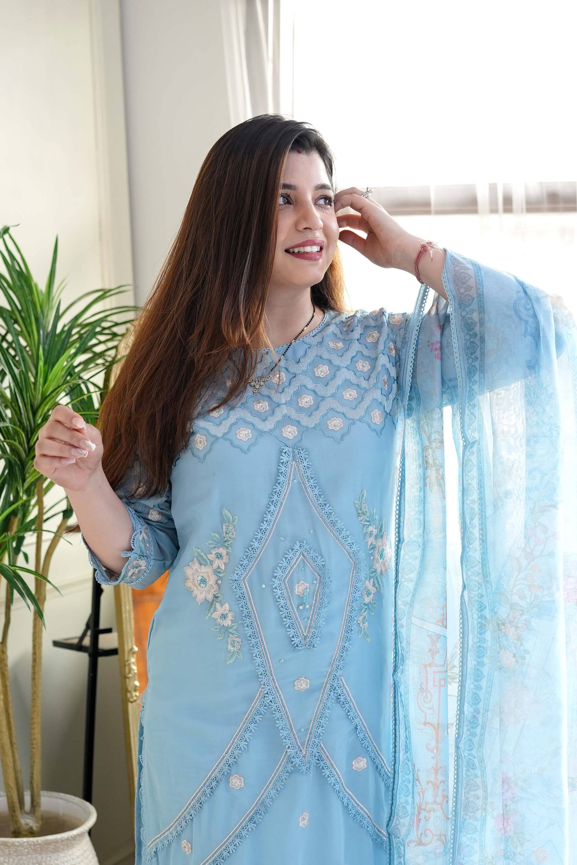 Firza Blue Embroidered Pakistani Suit