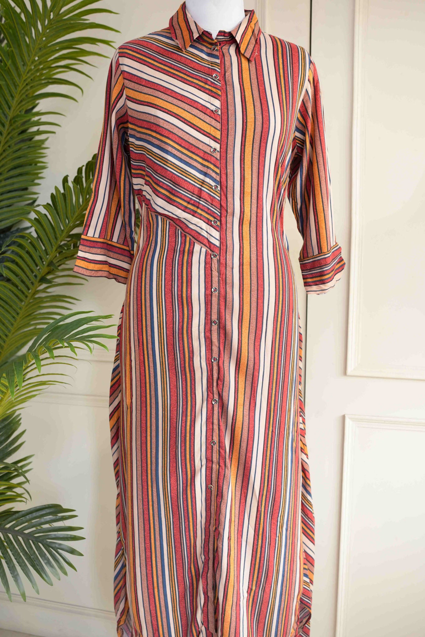 Multi-coloured Striped Shirt Dress with Belt