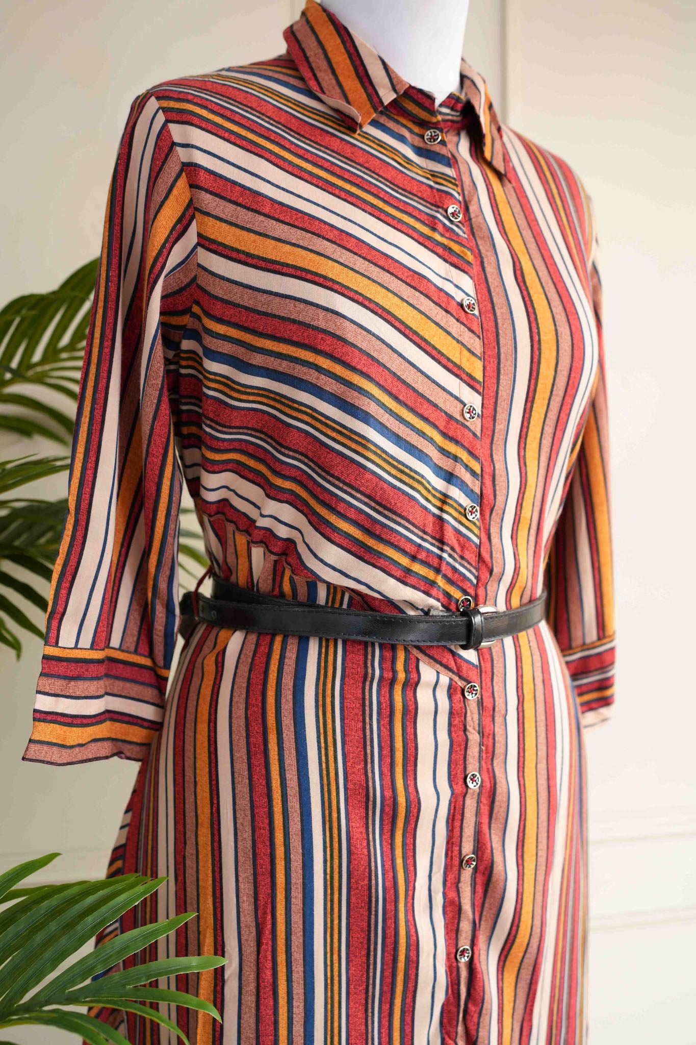 Multi-coloured Striped Shirt Dress with Belt