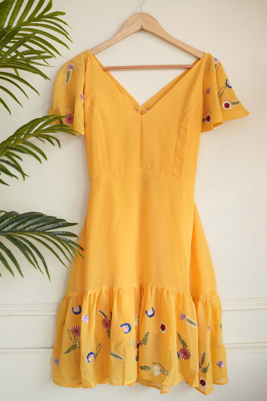 Yellow Embroidered Short Dress