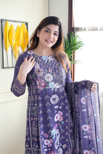 Ifat Purple Printed A-line Suit Set