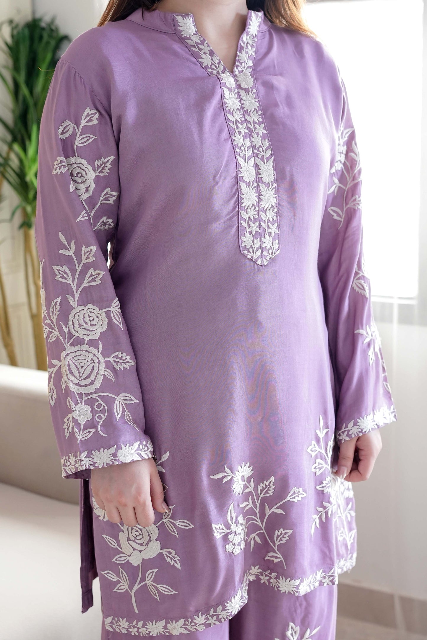 Simin Purple Thread Floral Embroidered Co ord Set