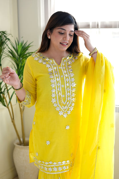 Safia Yellow Gotta Embroidered Sharara Set