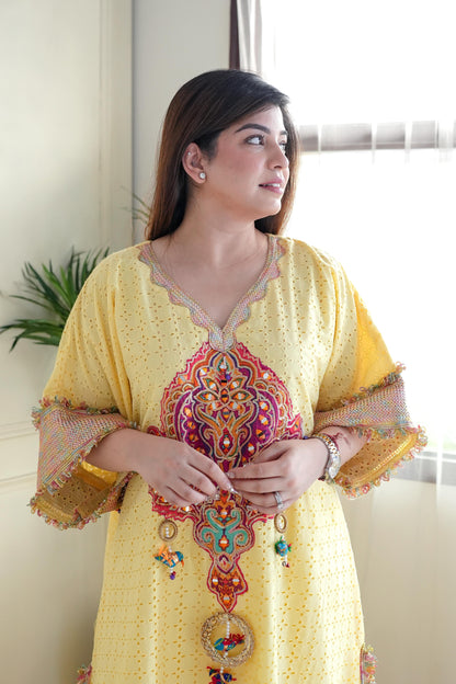 Serene Yellow Embroidered Chogha Set