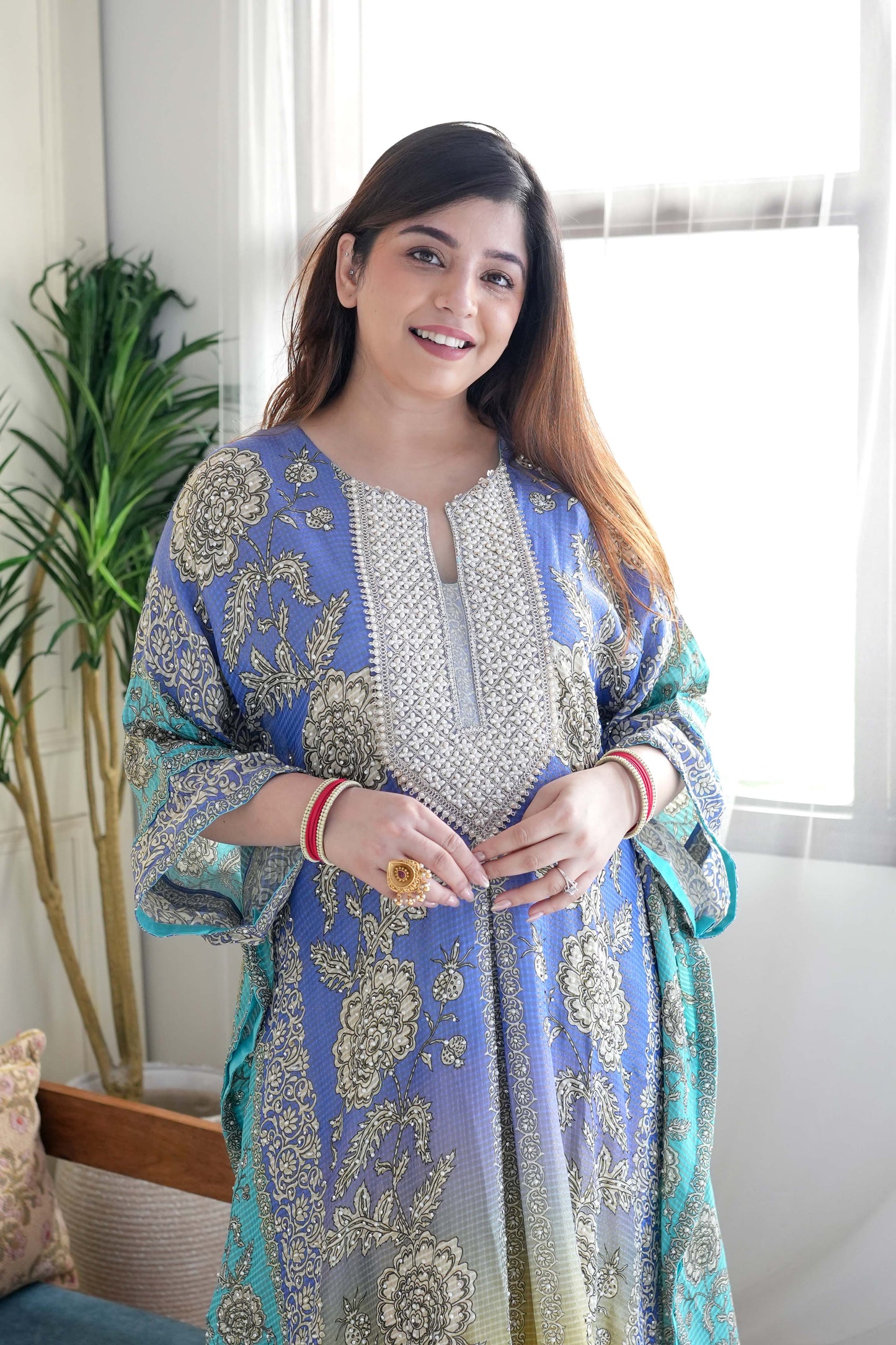 Sehrat Blue Ombre Printed Kaftan Set with Neck Embroidery