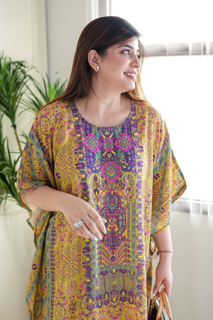 Rehem Printed Kaftan Set with Neck Embroidery