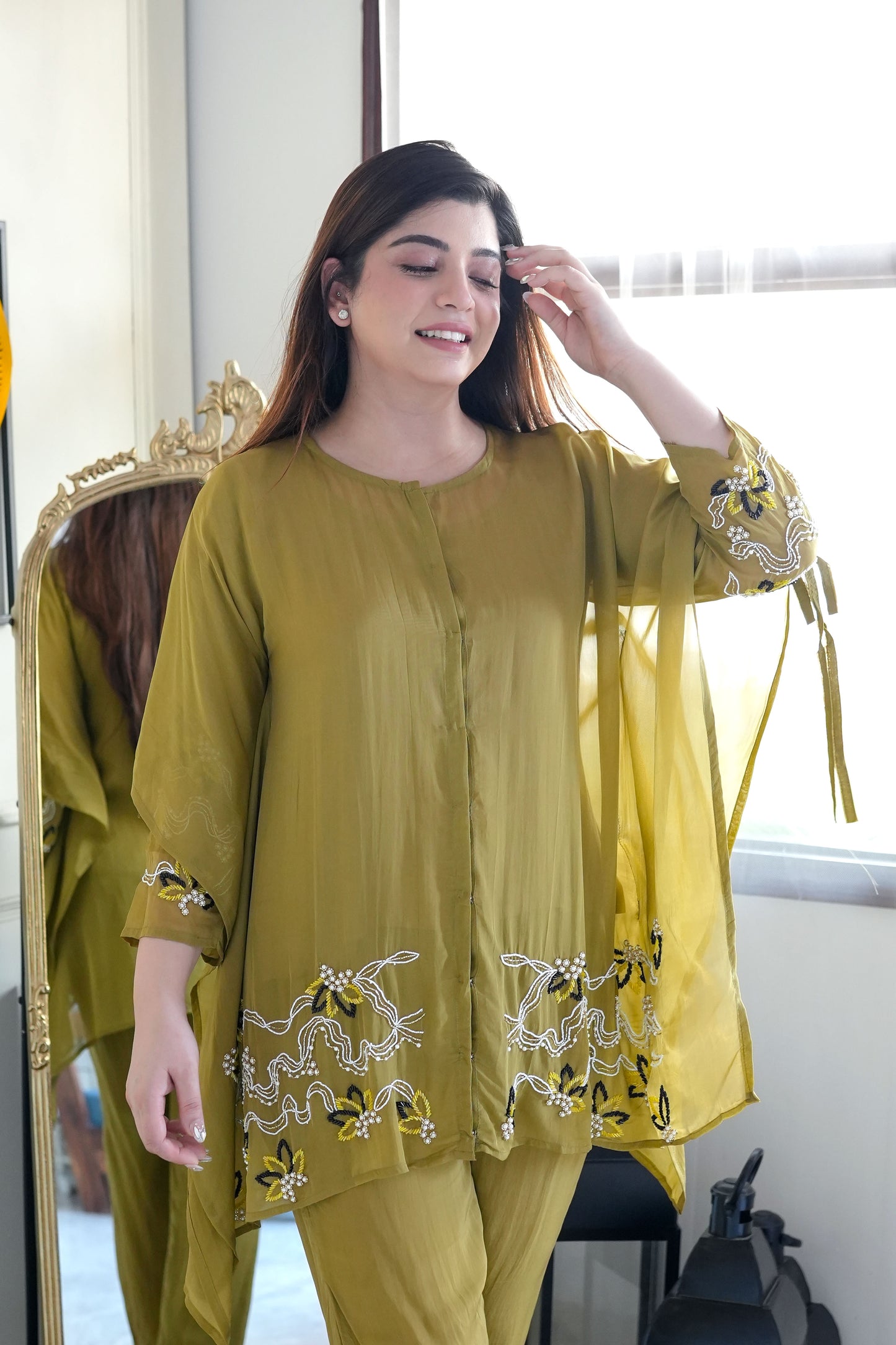 Farhana Green Embroidered Kaftan Co ord Set