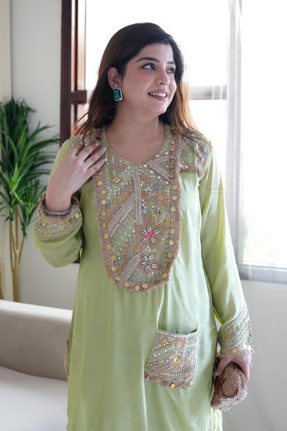 Rafia Green Embroidered Co ord Set