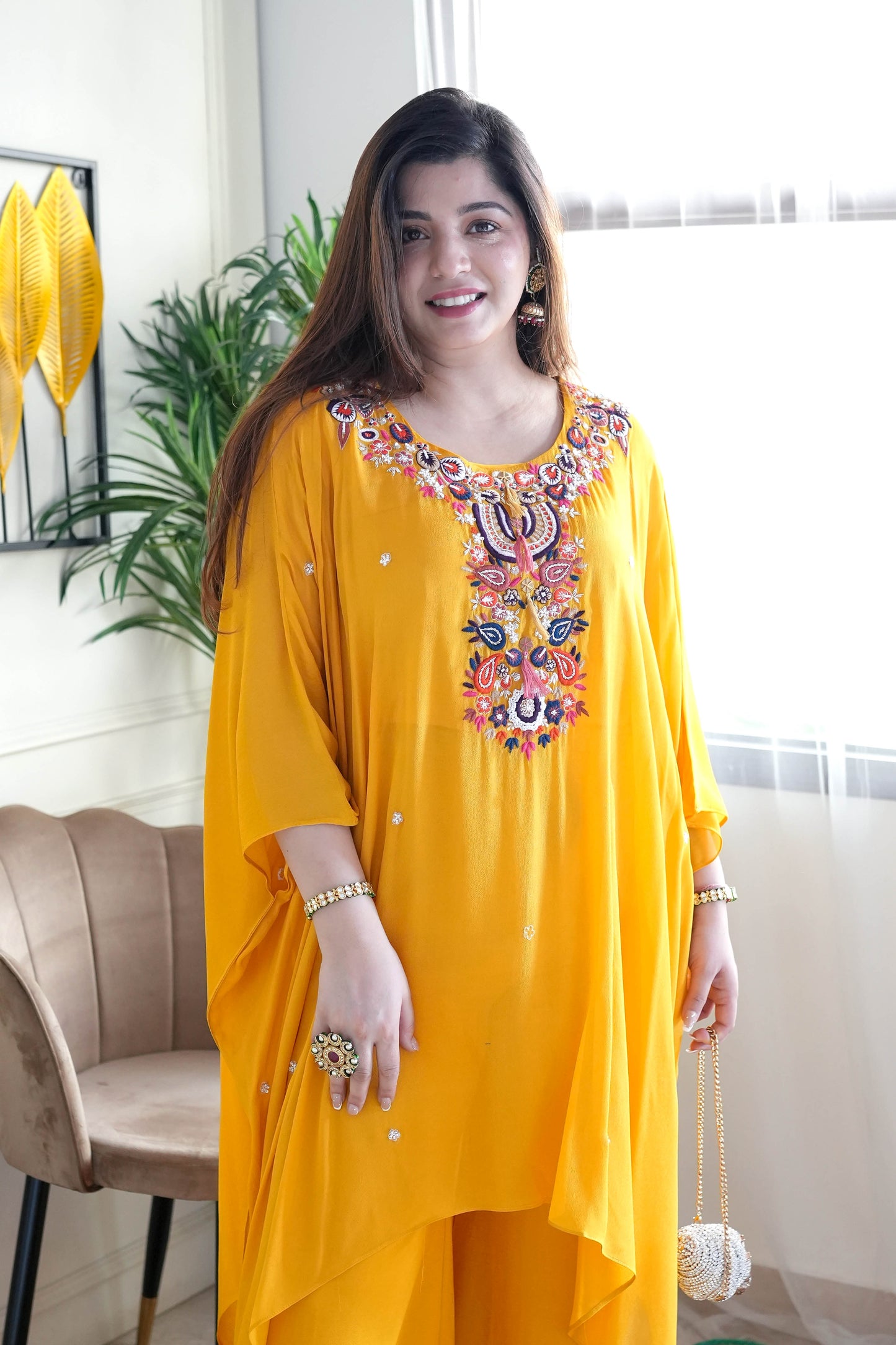 Yumna Yellow Embroidered Kaftan Set