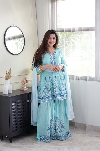 Noora Blue Printed Sharara Set