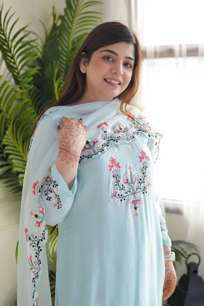 Blue Embroidered Silk Suit Set