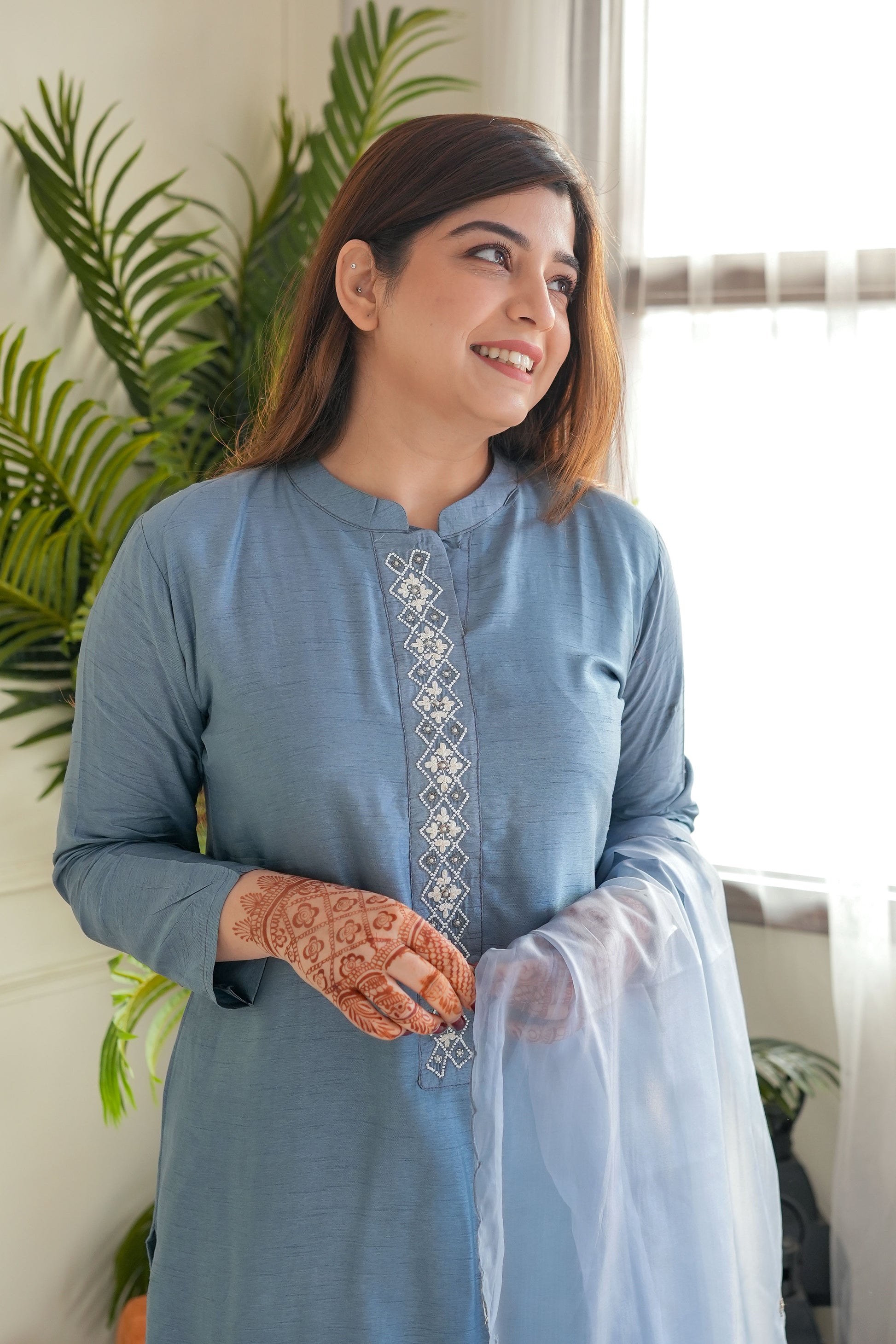 Sia Blue Silk Shirt And Dupatta