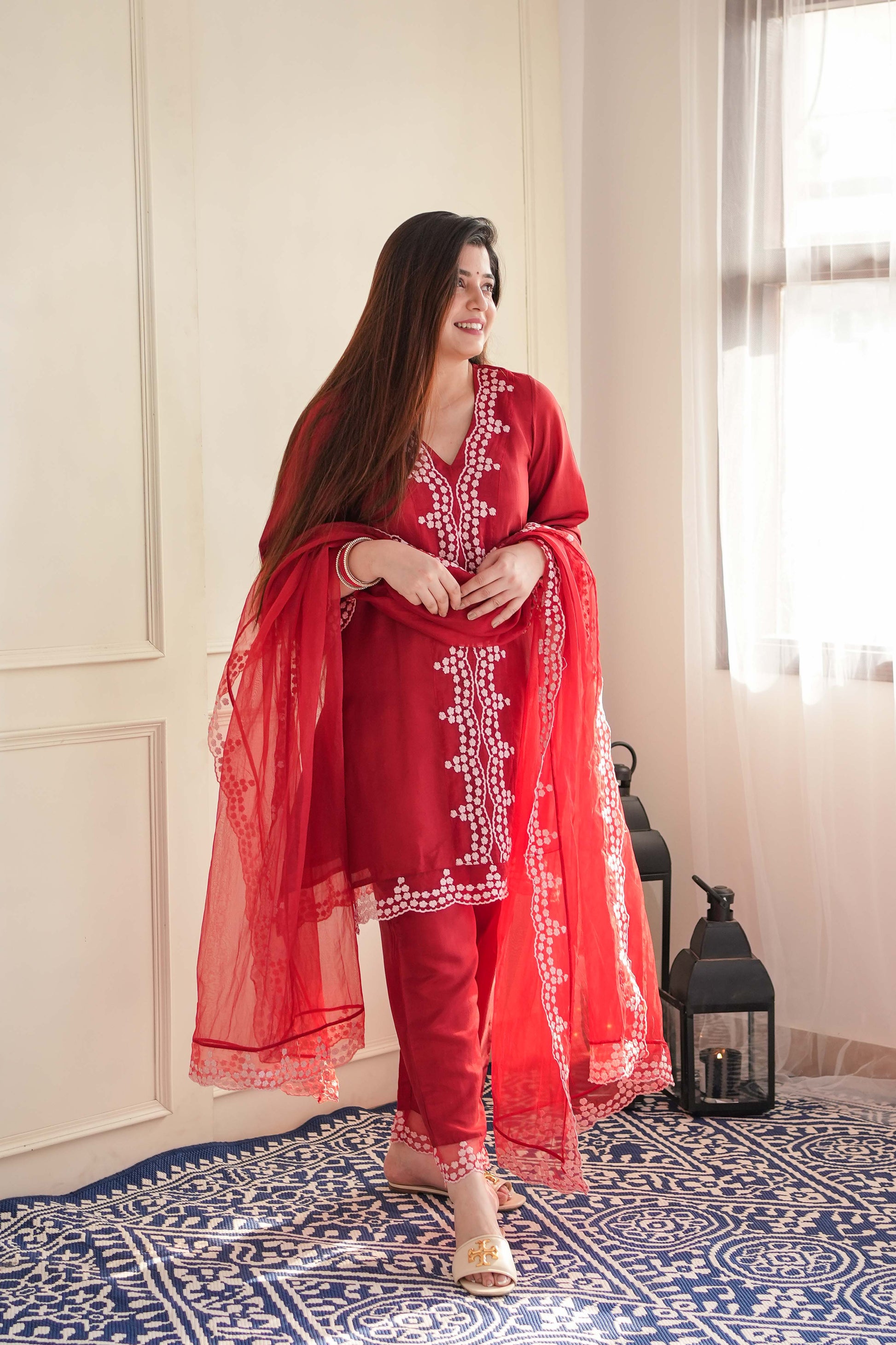 Sukh Red Schiffli Suit Set