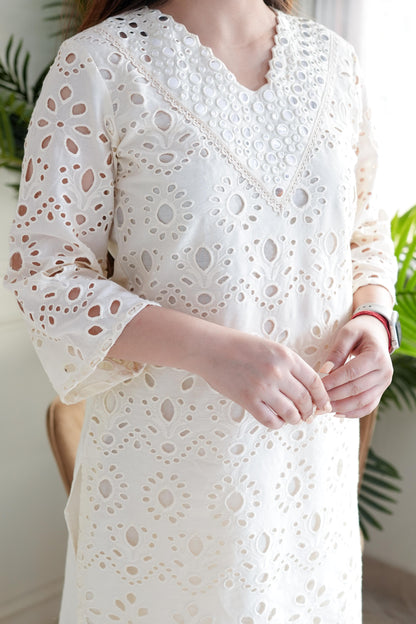 Veda White Cutwork Plazo Set