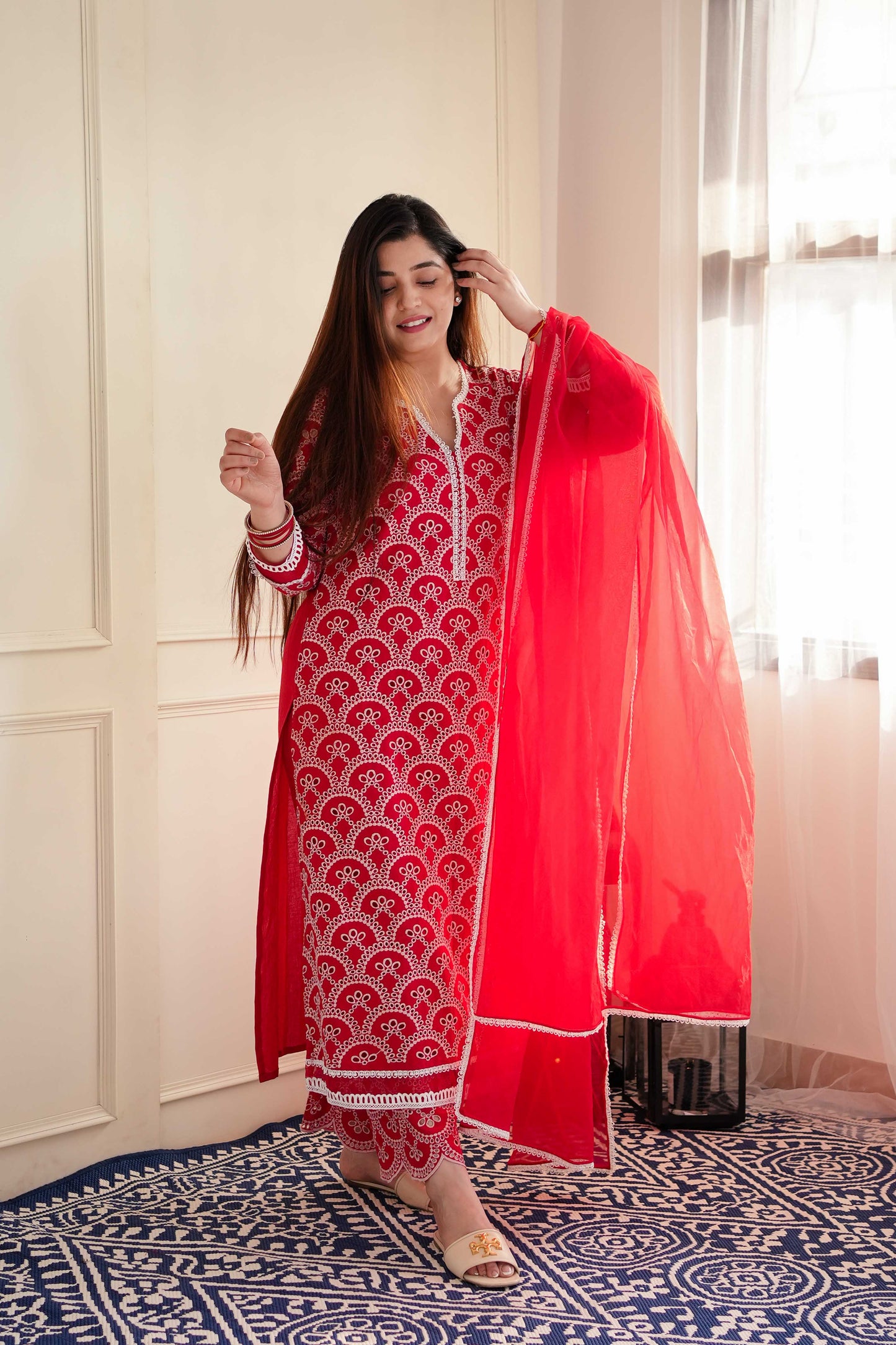 Mehera Red Cutwork Cotton Suit Set