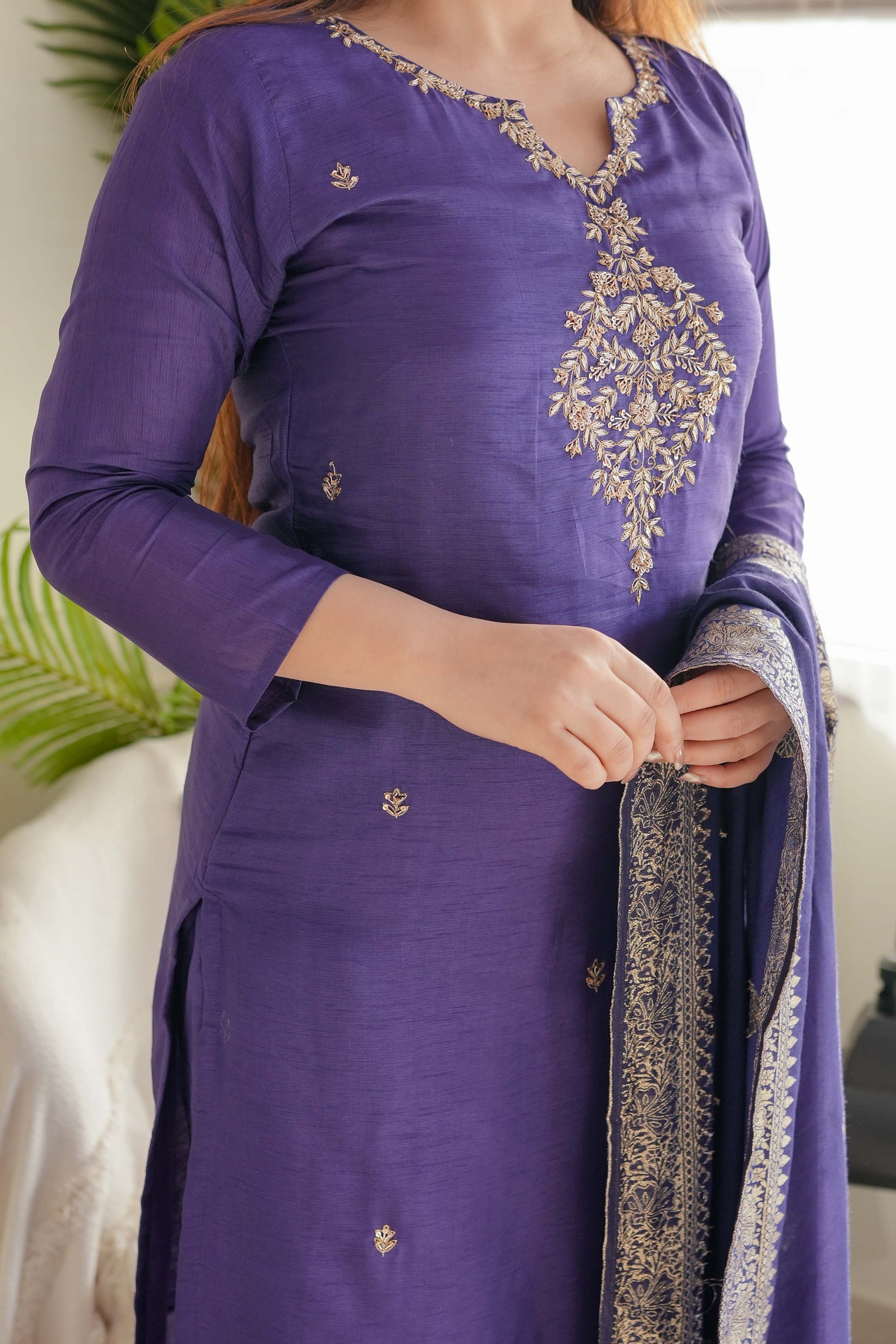 Neera Purple Zari Embroidered Suit Set