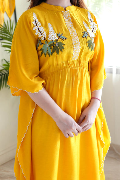 Saba Yellow Hand Embroidered Kaftan Set