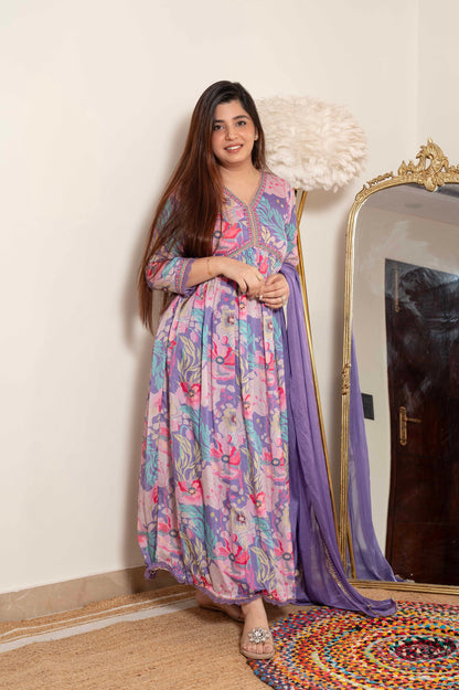 Jeeva Purple Printed Anarkali Suit Set