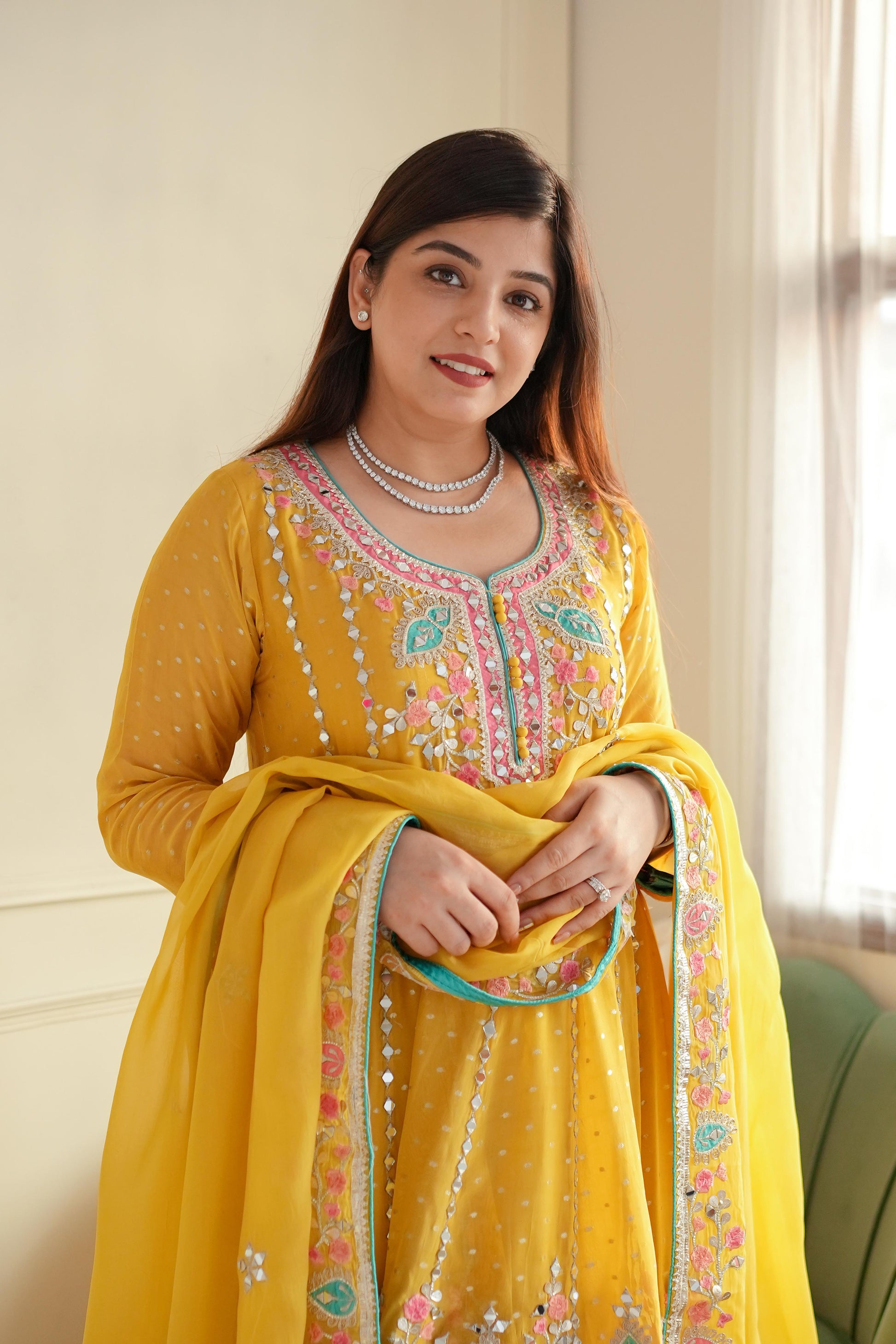 Kiara Yellow Mirror Work Short Anarkali With Dhoti