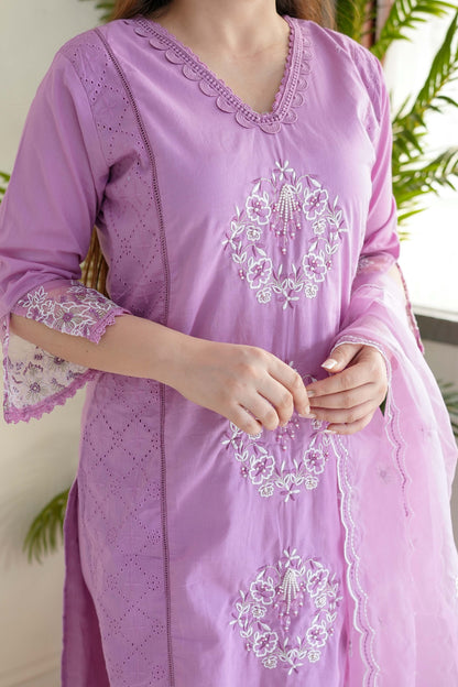 Meera Purple Embroidered Cotton Suit Set