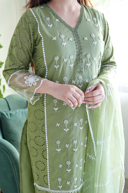 Meera Green Embroidery Cotton Suit Set