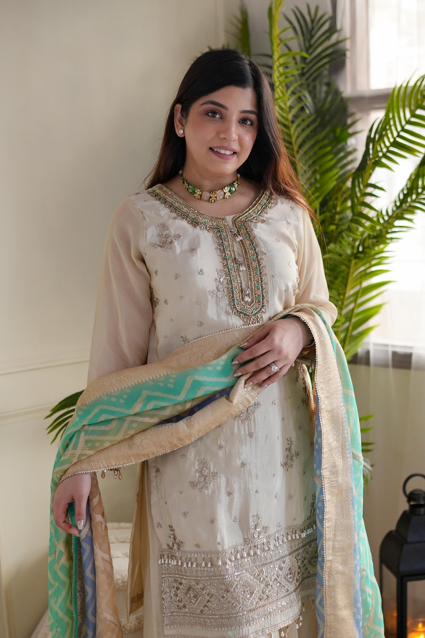 Nimrit Silk Suit Set With Green Badhani Dupatta