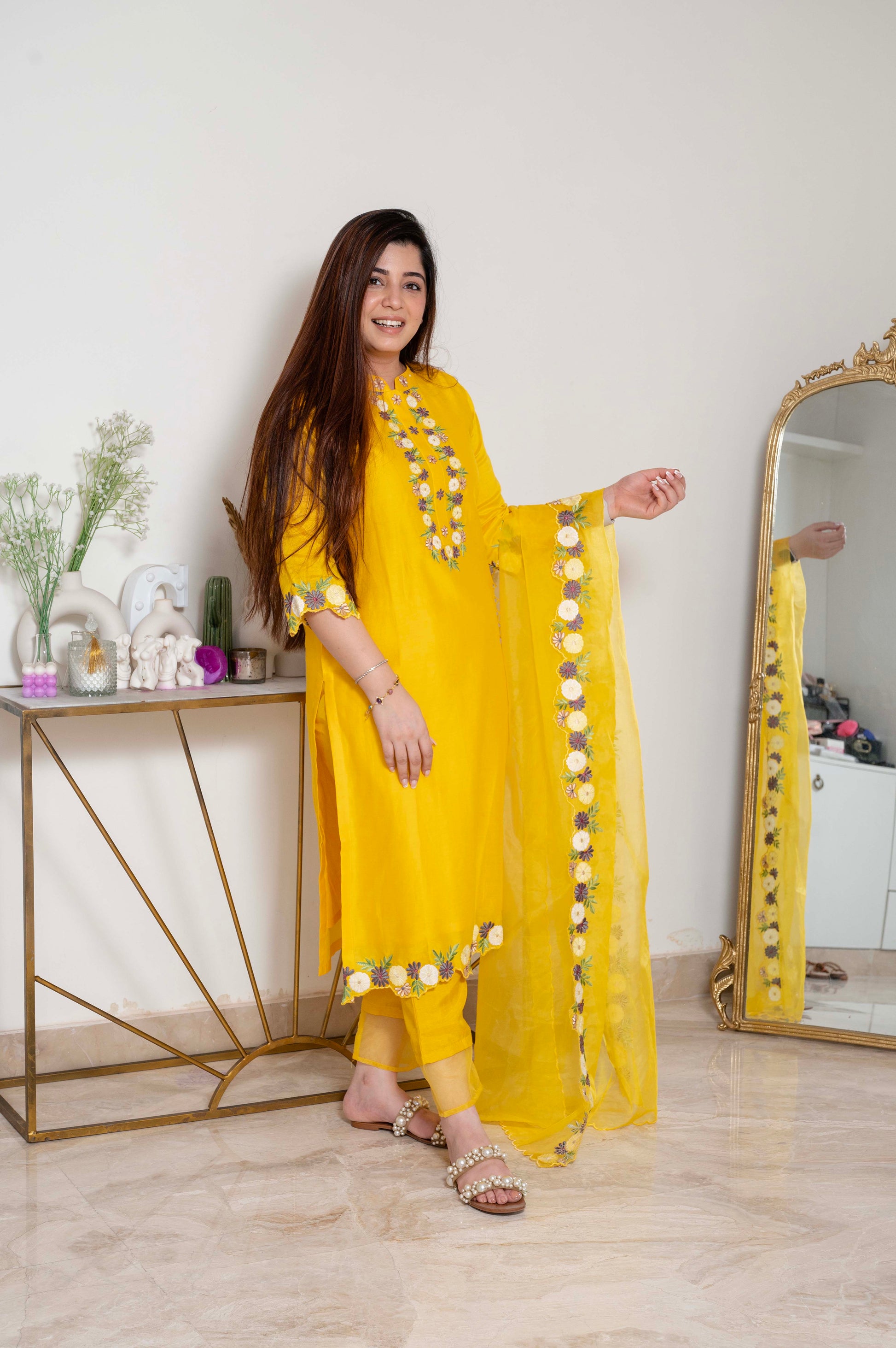 Nadira Yellow Embroidered Silk Suit Set