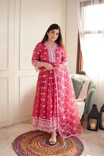 Feroza Pink Schiffli Anarkali Suit Set