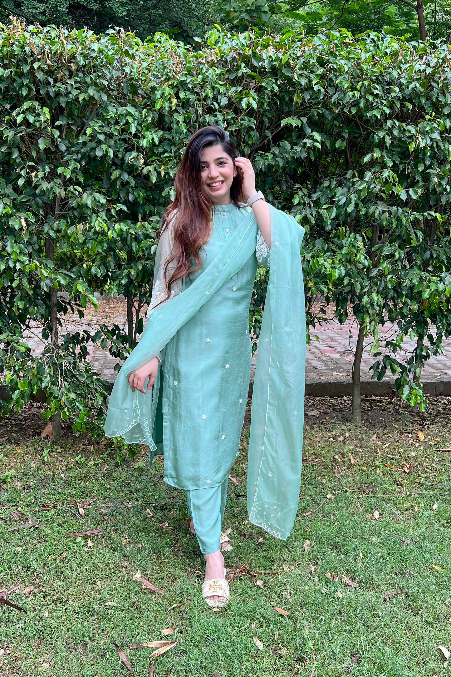 Sara Pastel Green Silk Suit With Beads