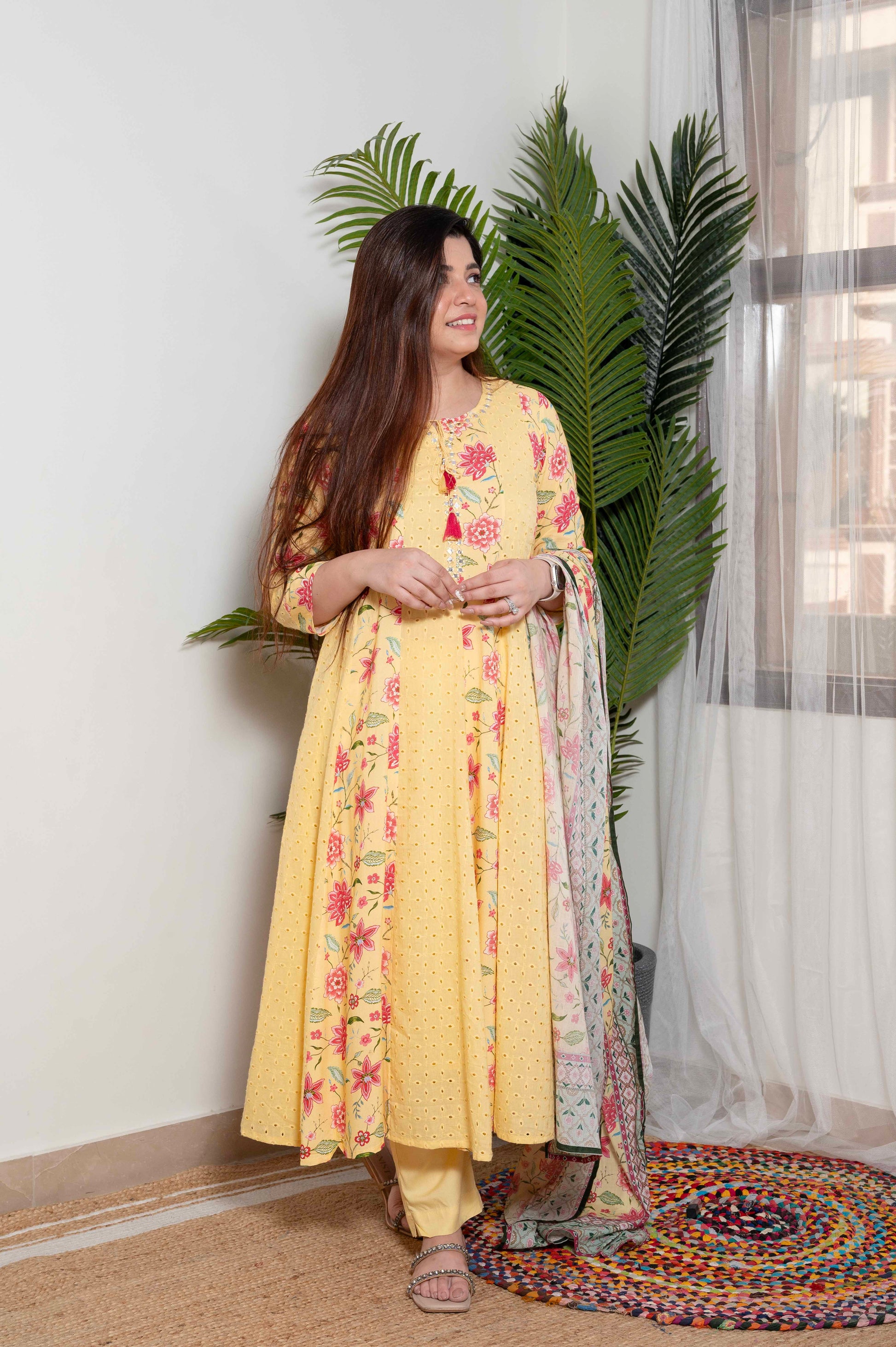 Tamra Yellow Schiffli And Print Detailing Anarkali