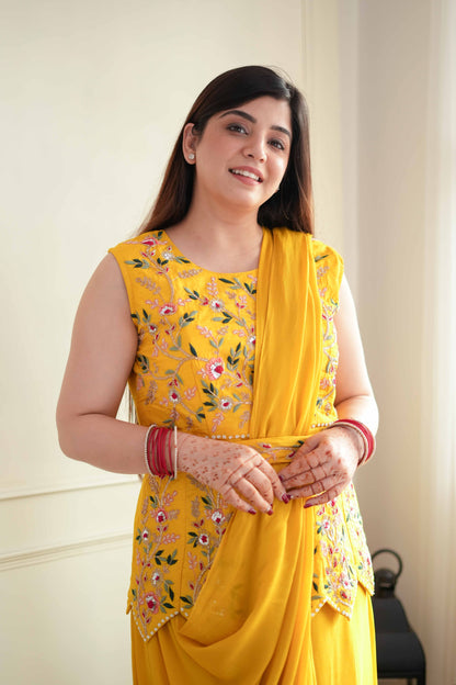 Mukti Yellow Embroidered Drape Saree