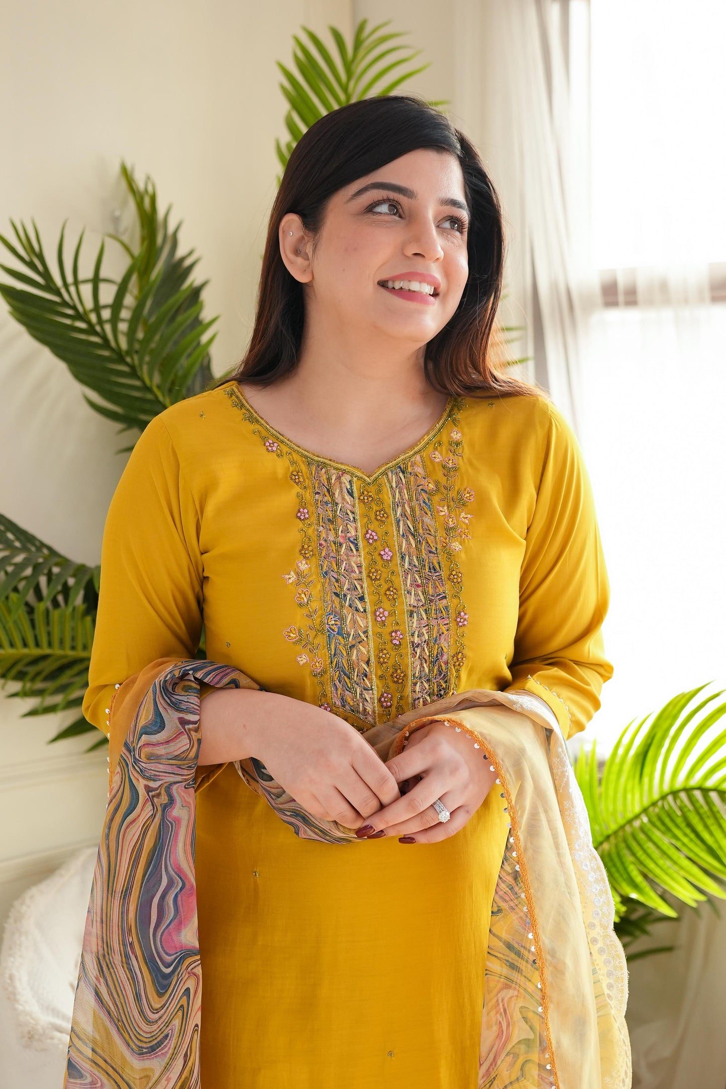 Siya Yellow Suit With Printed Dupatta