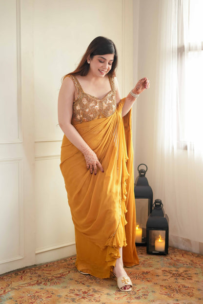 Gazal Mustard Drape Saree Side Slit